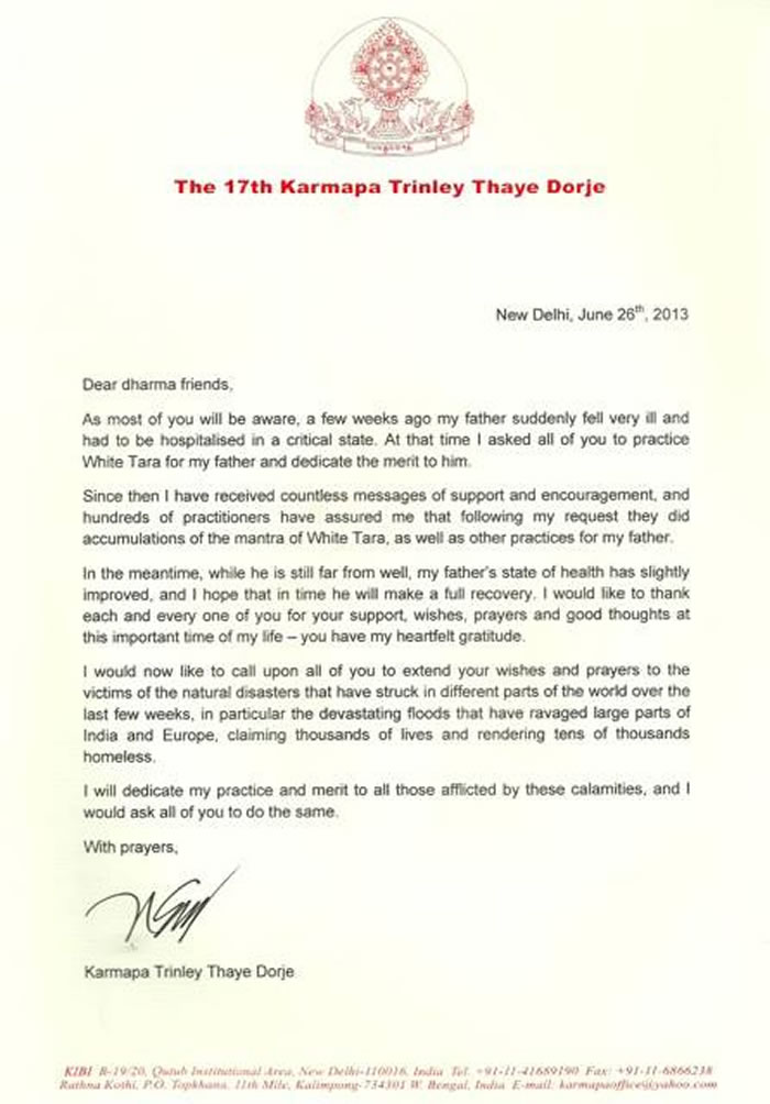 Carta de agradecimiento de S.S. Karmapa Trinley Thaye Dorje 