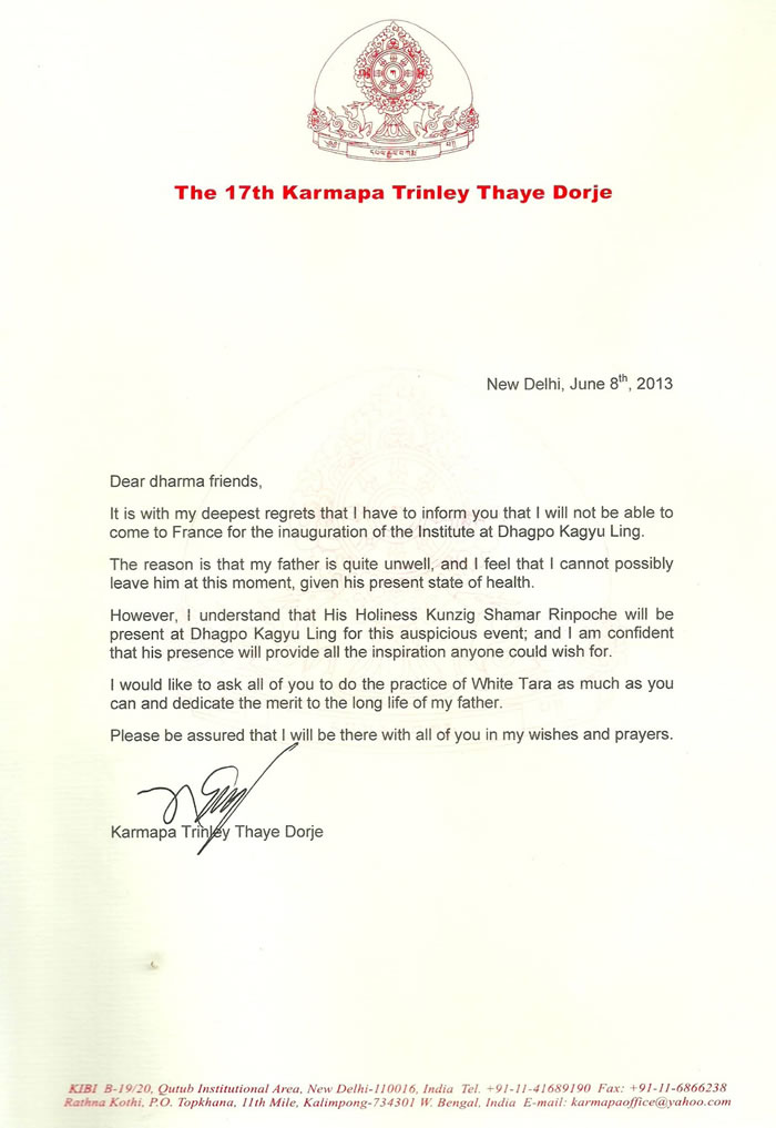 Carta sobre la cancelación de la visita de Gyalwa Karmapa en Europa